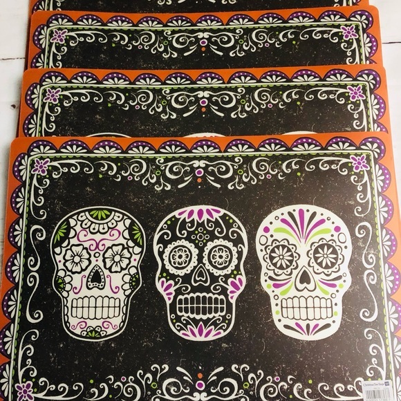 Sugar skulls Vinyl Placemats Set of 4, Halloween Day Of The Dead - Picture 3 of 4